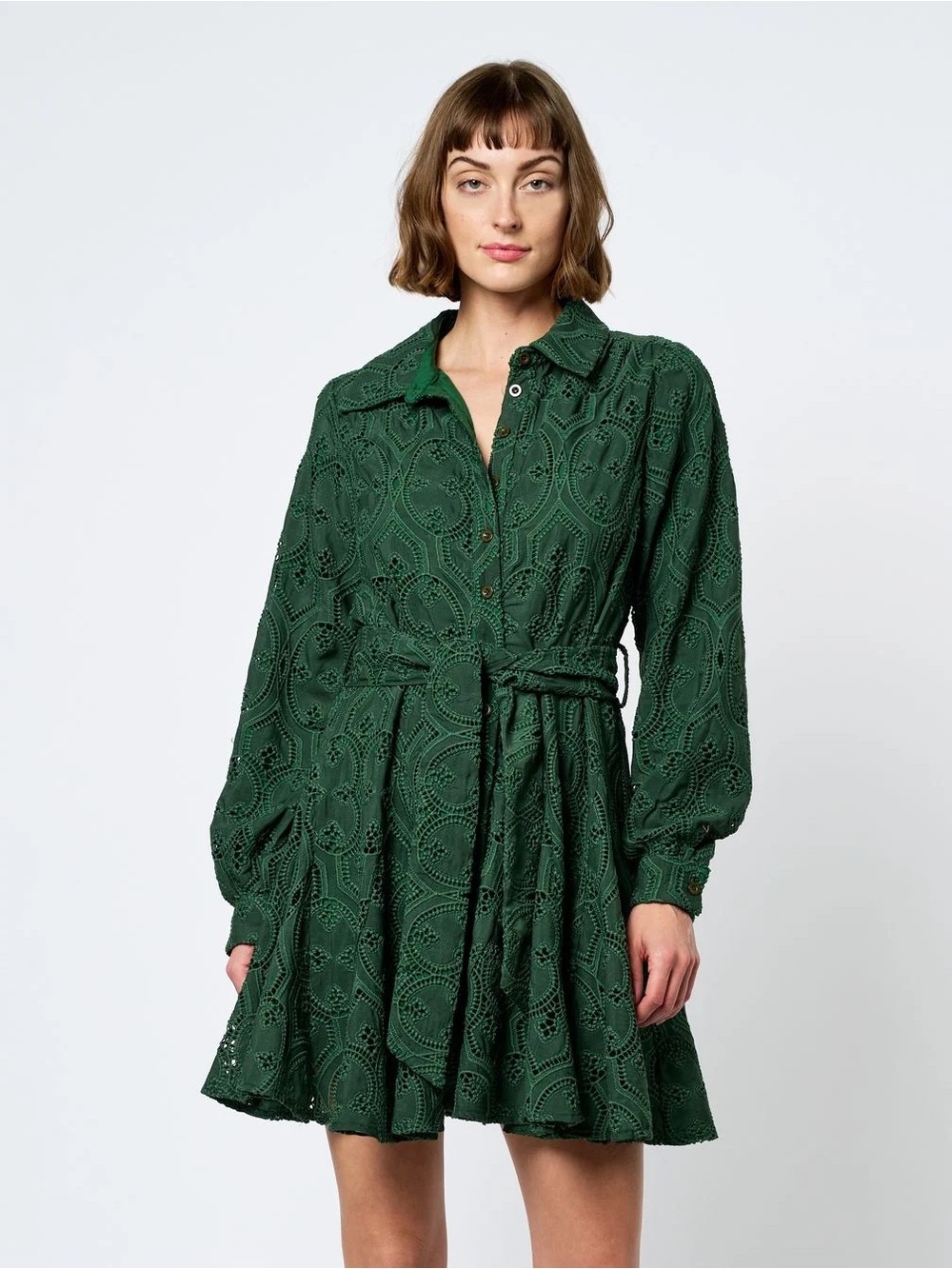 CIEBON Serane Green Eyelet Embroidered Lace Collared Belted Shirt Dress L NWT